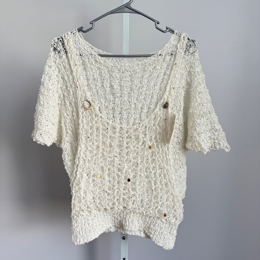 Pop Killer Los Angeles Crochet‎ Knit Top Women's Ivory Beads Sea Shells sz S NWT